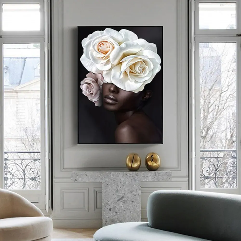 Flower African Woman Black Frame Canvas Wall Art Price