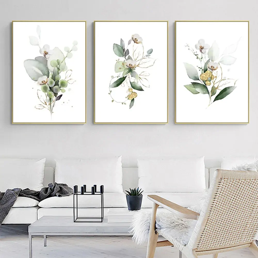 Green and Gold Watercolor Botanical 3 Sets Gold Frame Canvas Wall Art Price