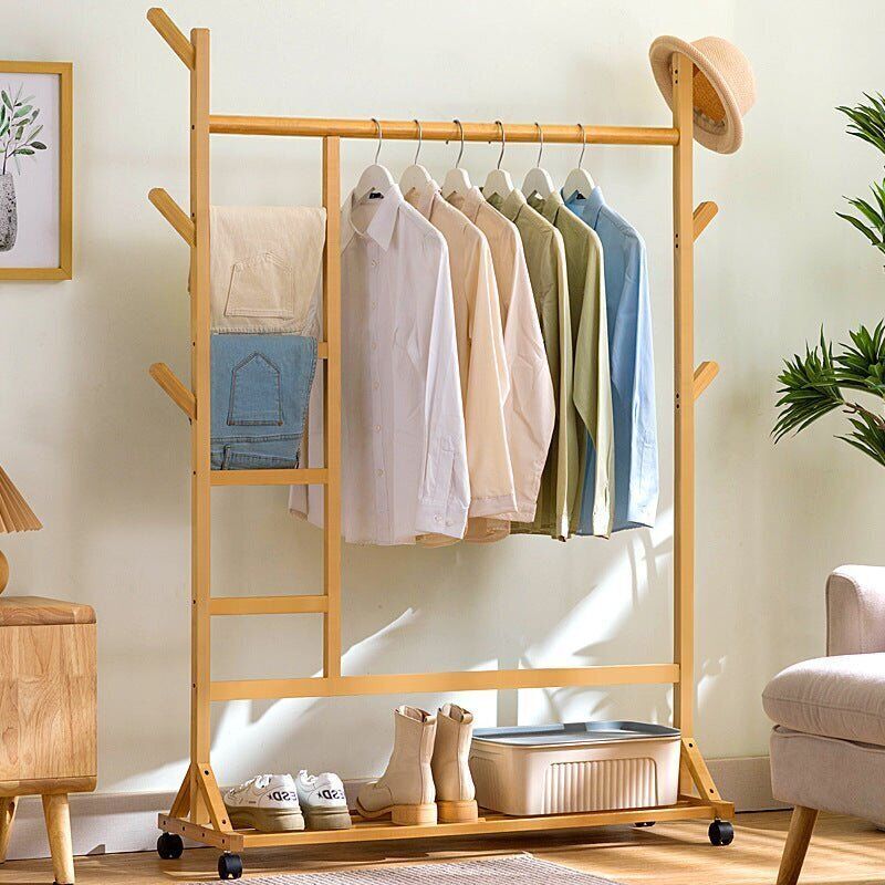 6 Hook Rack Rail Natural Finished Portable Coat Stand Rack Rail Clothes Hat Garment Hanger Hook with Shelf Bamboo Price