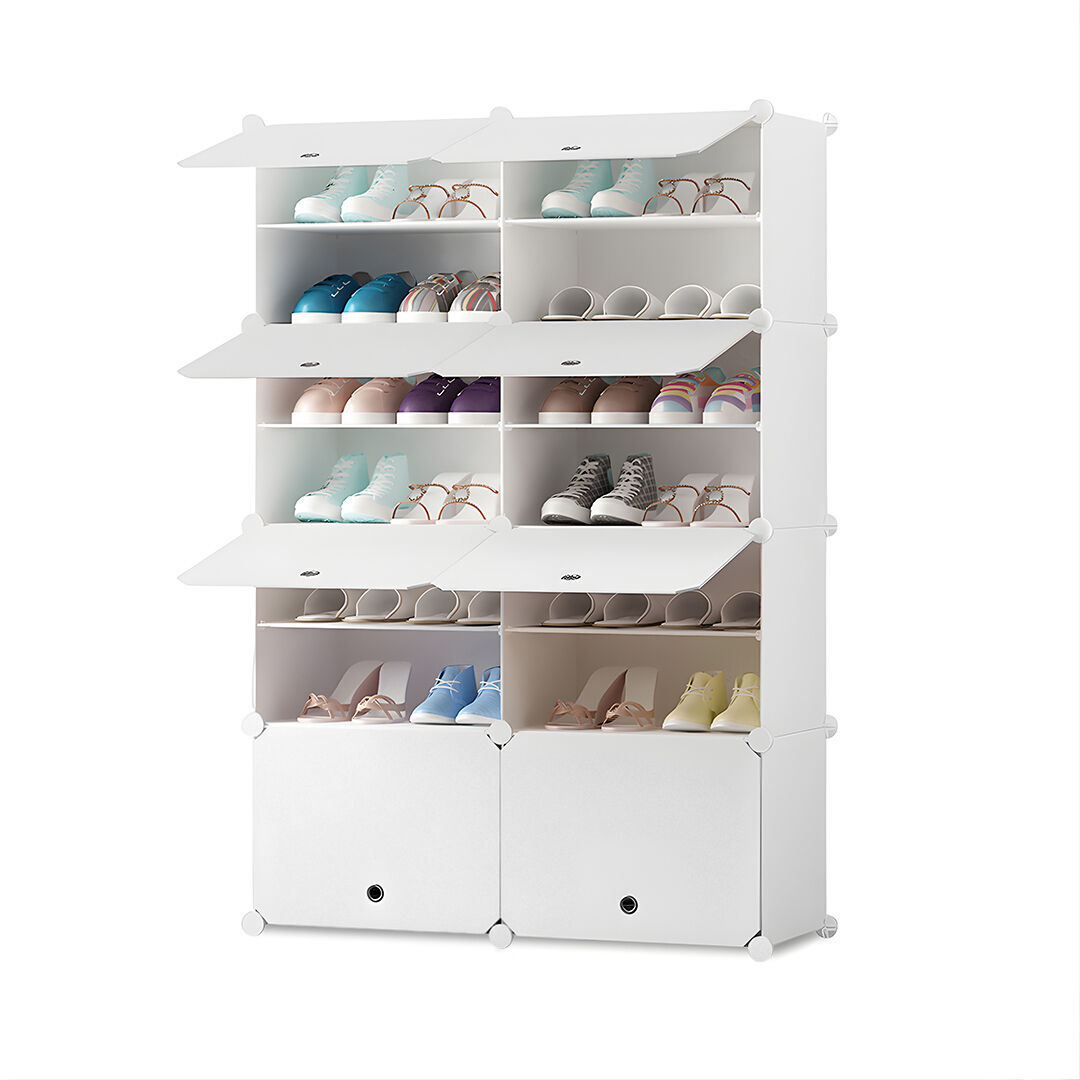 4 Tier 2 Column White Shoe Rack Organizer Sneaker Footwear Storage Stackable Stand Cabinet Portable Wardrobe with Cover Price