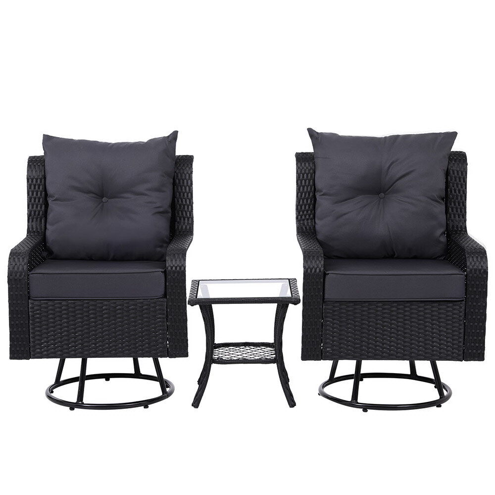 Gardeon 3PC Outdoor Furniture Bistro Set Lounge Wicker Swivel Chairs Table Cushion Black Price
