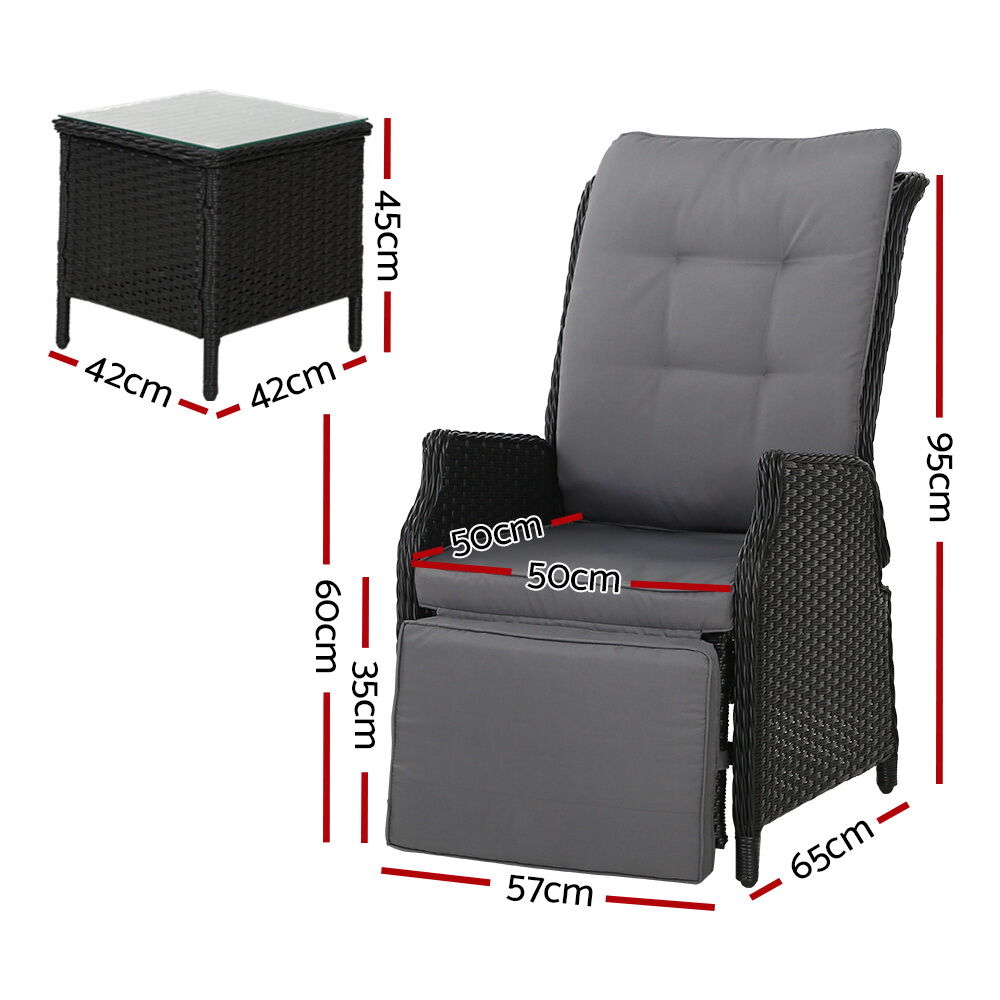 3PC Recliner Chairs Table Sun lounge Outdoor Furniture Wicker Adjustable Black Price