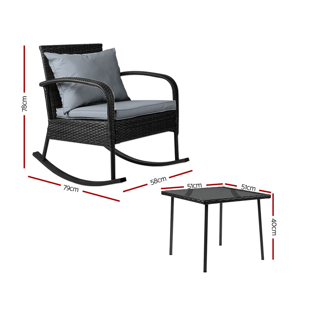 3PC Rocking Chair Table Wicker Outdoor Furniture Patio Bistro Set Black Price