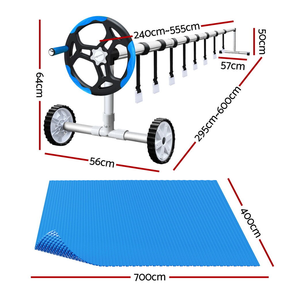 Aquabuddy Pool Cover 600 Micron 7x4m w/ Roller 5.55m Solar Blanket Blue Price