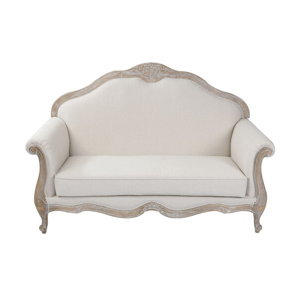 Oak Wood White Washed Finish Rolled Armrest 2 Seater Sofa Linen Fabric Price