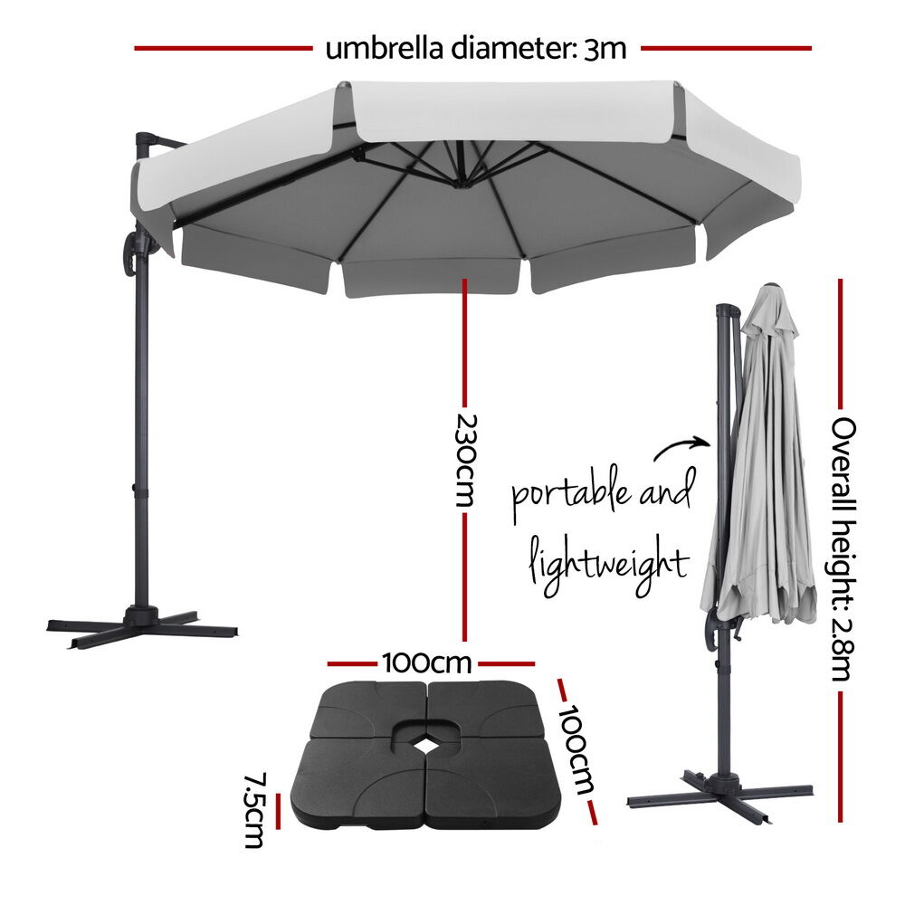 3m Outdoor Umbrella w/Base Cantilever Beach Roma 360 Degree Tilt Grey Price