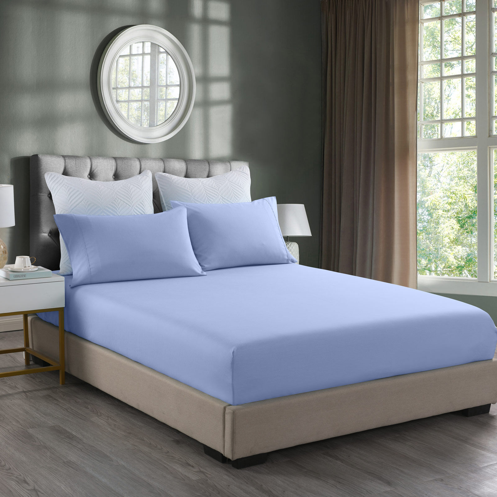 2000TC 3 Piece Fitted Sheet and Pillowcase Set Bamboo Cooling - King - Light Blue Price