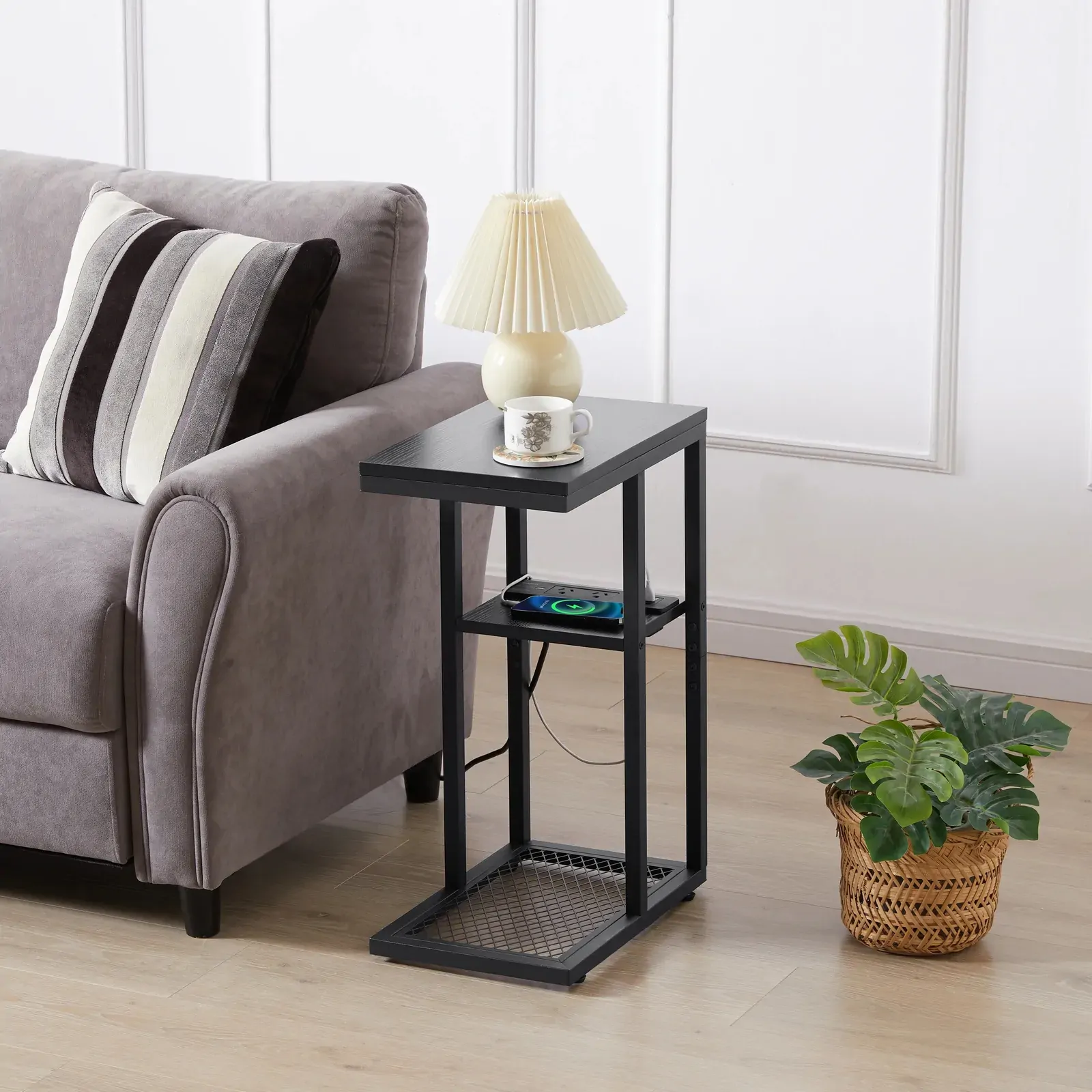 E-Shaped Sofa Side Table with Power Board, Black Price