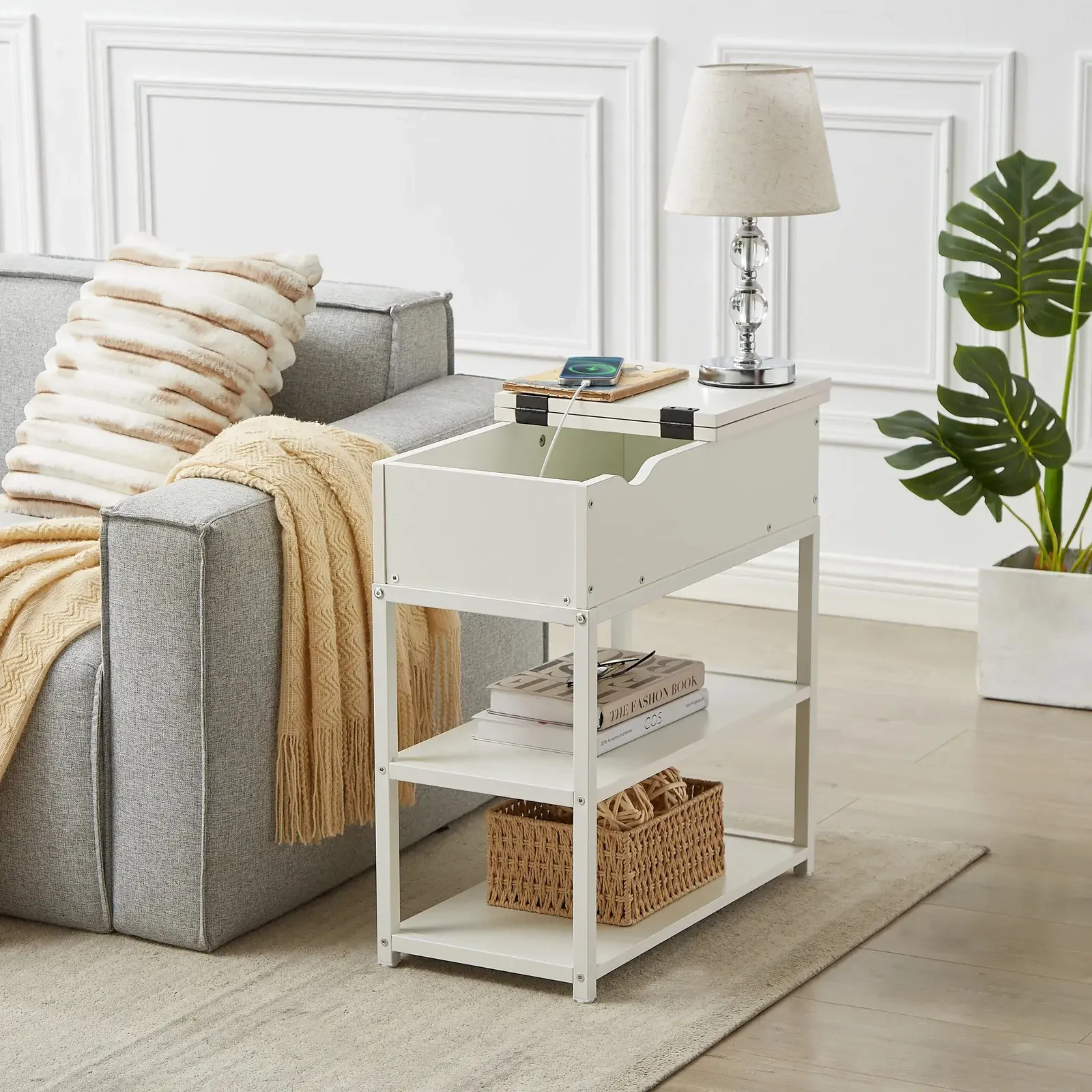 Multi-Tier Bedside Table with Powerboard, White Price