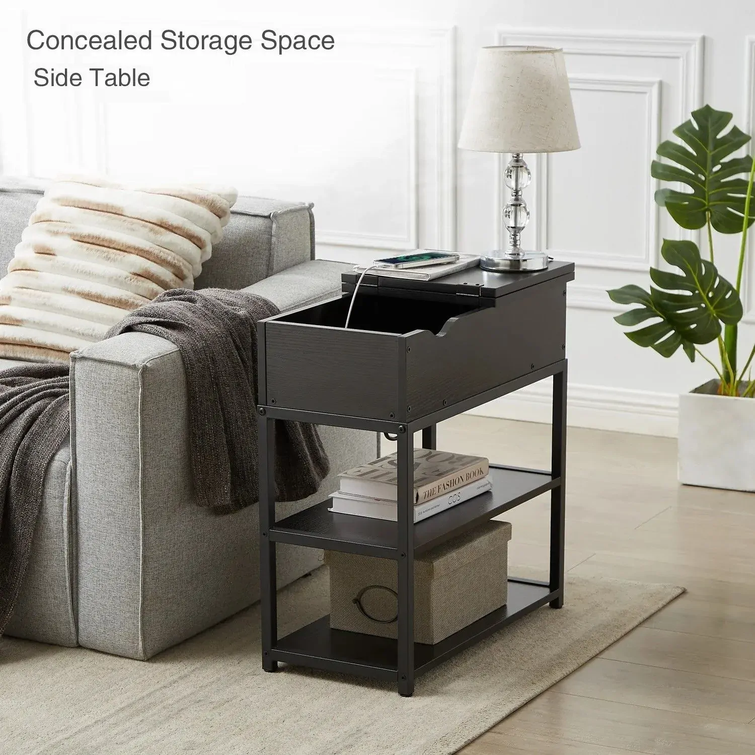 Compact 3-Tier Sofa Side Table with Powerboard, Black Price