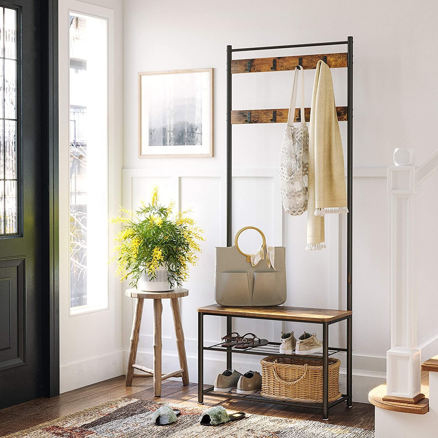 Rustic Brown Coat Rack Stand with Hallway Shoe Rack and Bench with Shelves Matte Metal Frame Height 175 cm Price