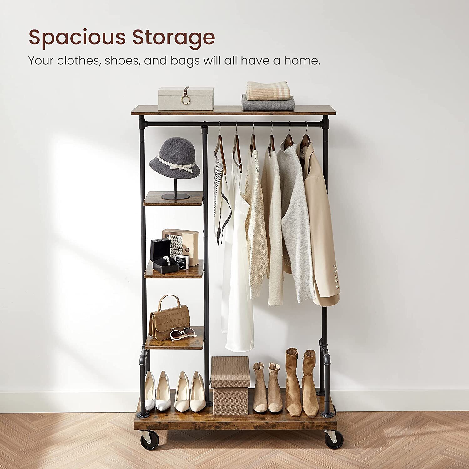 Clothing Garment Rack on Wheels with 5-Tier, Industrial Pipe Style, Rustic Brown Price