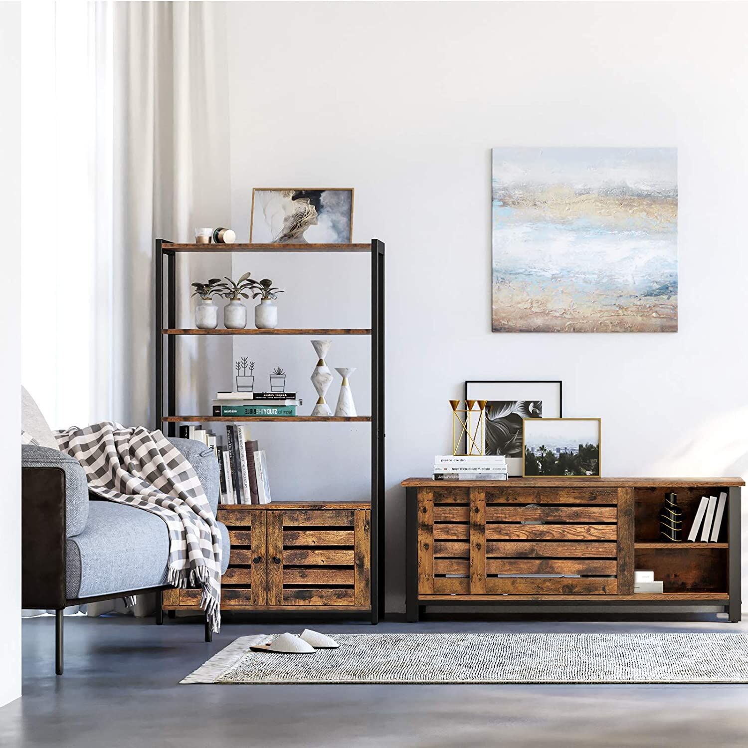 Floor-Standing Storage Cabinet and Cupboard with 2 Louvred Doors and 3 Shelves, Rustic Brown Price