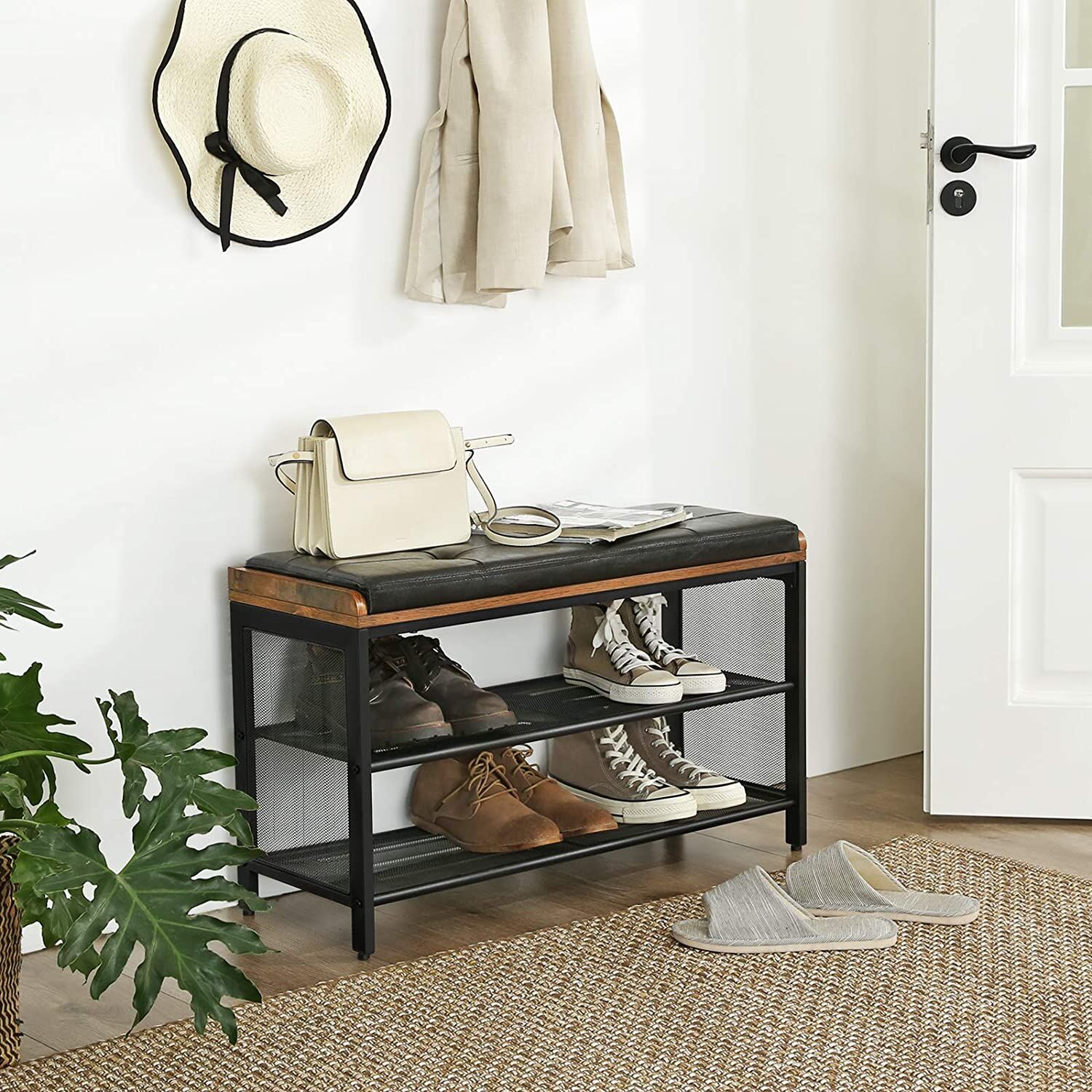 Shoe Bench with Mesh Shelf and Faux Leather Vintage Brown Black 80 x 30 x 48 cm Price