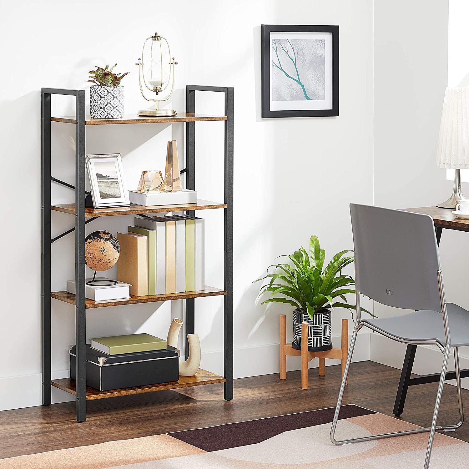 4-Tier Storage Rack with Steel Frame, 120 cm High, Rustic Brown and Black Price