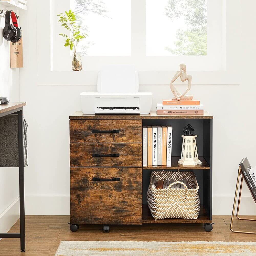 3-Drawer File Cabinet with Open Compartments for A4 Rustic Brown and Black Price