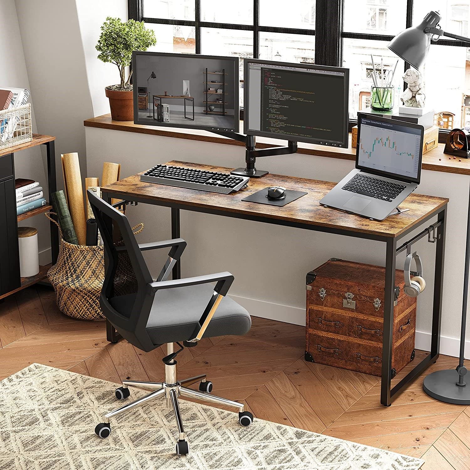 Home Office Desk with 8 Hooks 140 x 60 x 75 cm Rustic Brown and Black Price