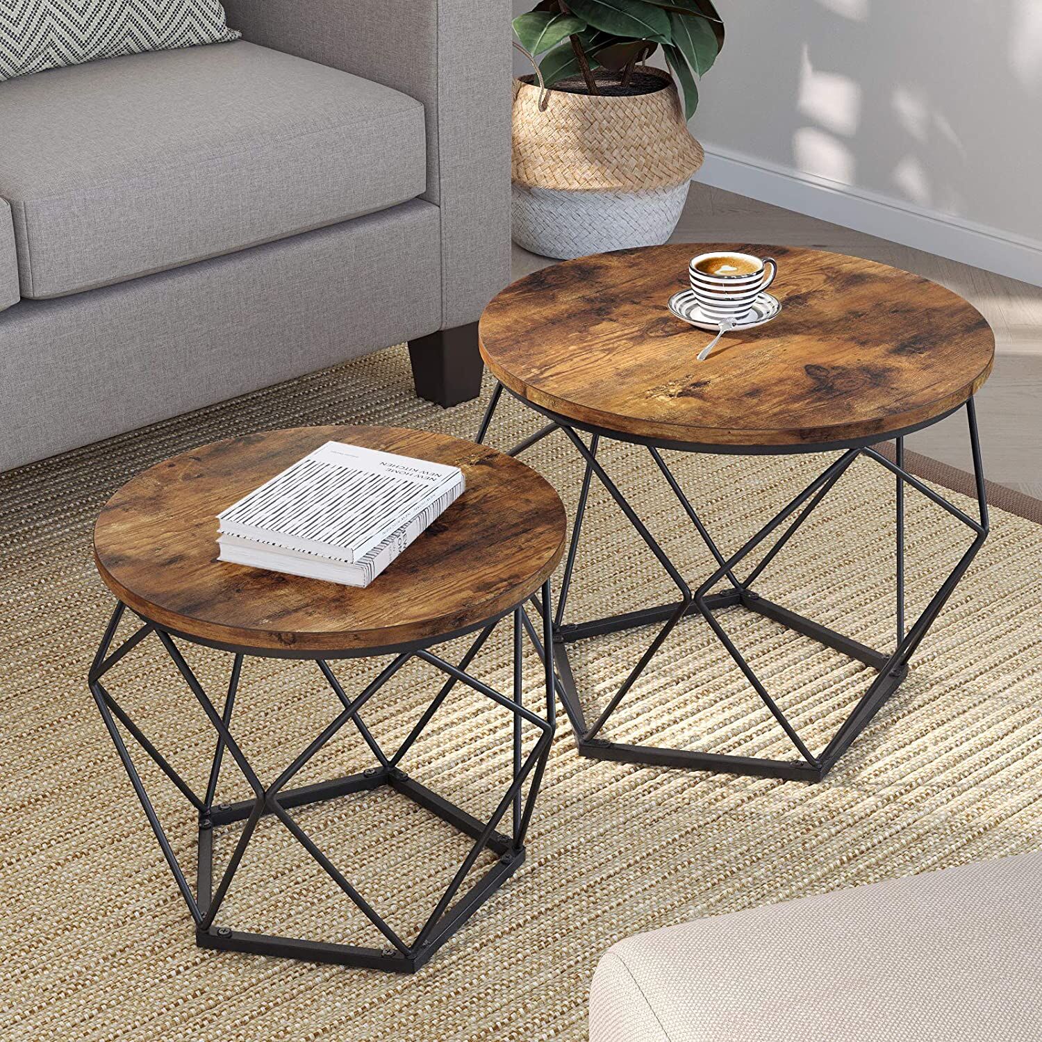 Walton Set of 2 Side Tables Robust Steel Frame Rustic Brown and Black Price