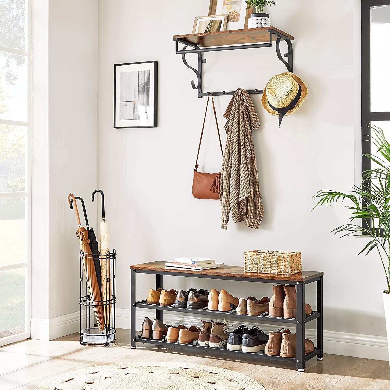 Shoe Rack with 2 Shelves 100 x 30 x 45 cm Rustic Brown and Black Price