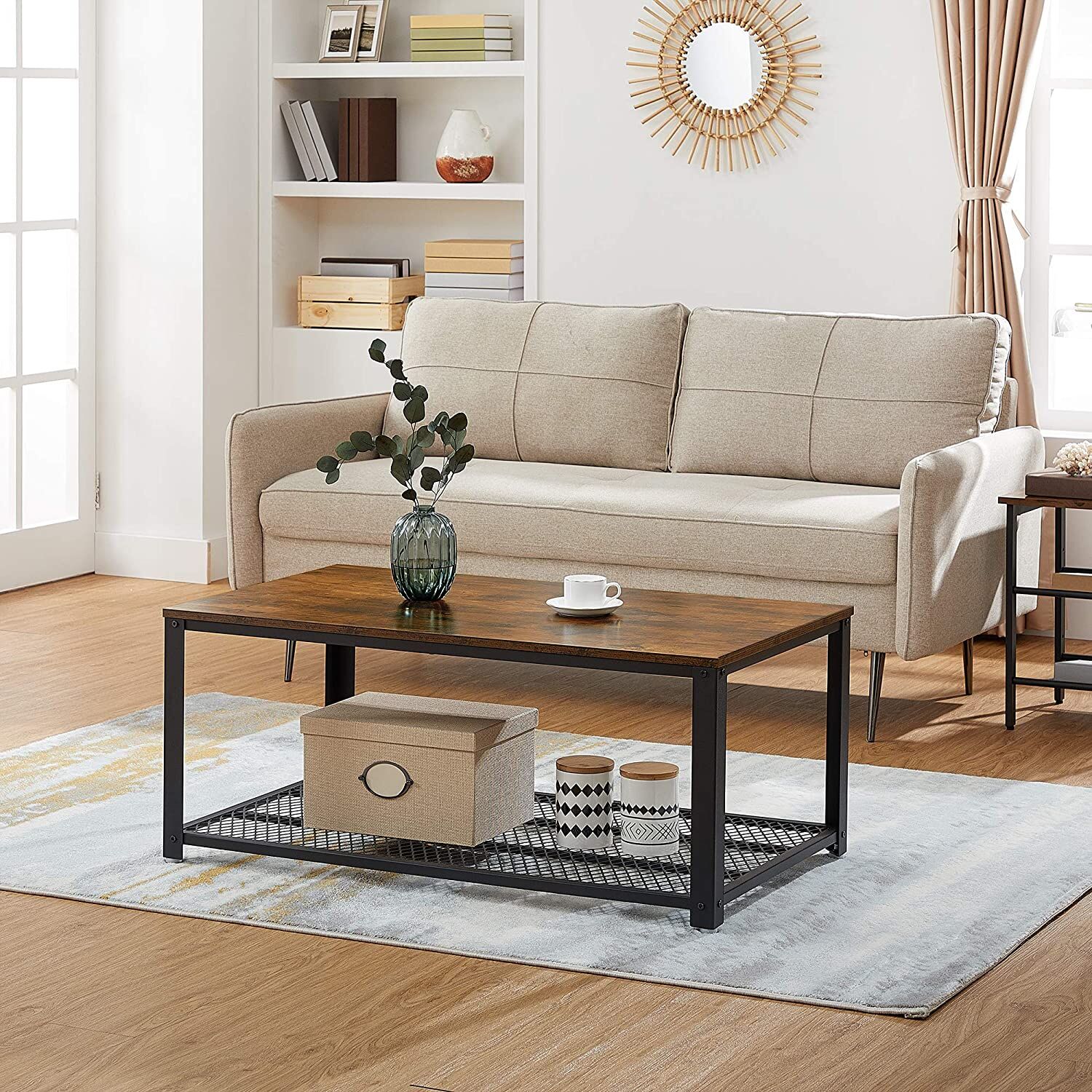 Coffee Table with Metal Frame Storage Shelf Rustic Brown Price