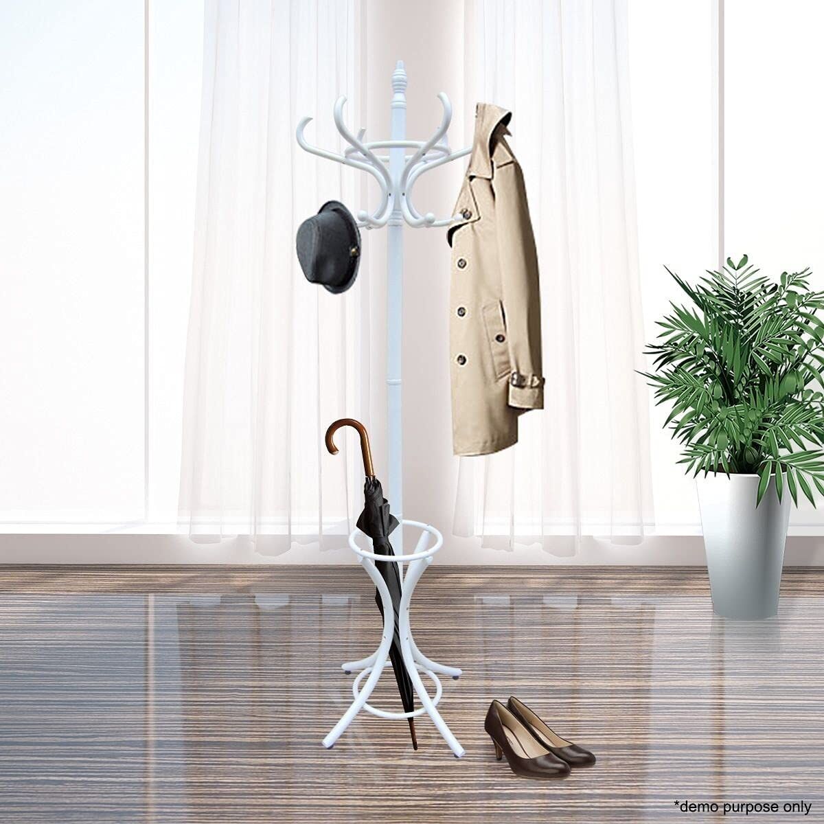 White Coat Rack with Stand Wooden Hat and 12 Hooks Hanger Walnut tree Price