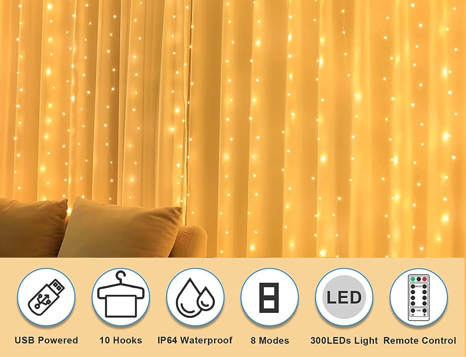 USB Powered 300 LED Curtain String Light with 8 Modes and Remote Control for Bedroom Party Wedding Decorations Price