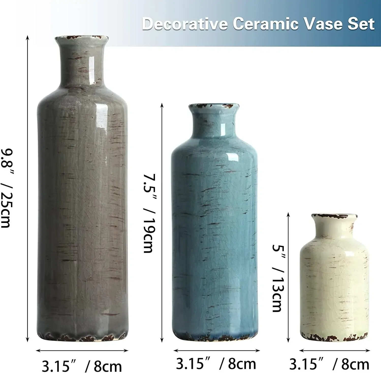 Ceramic Vases Set of 3 Crackled Finish Blue Farmhouse for Home D?cor Price