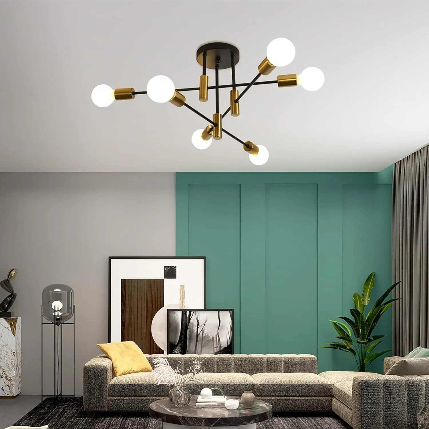 Mid Century Chandelier Modern, 6-Light , Black & Gold Price
