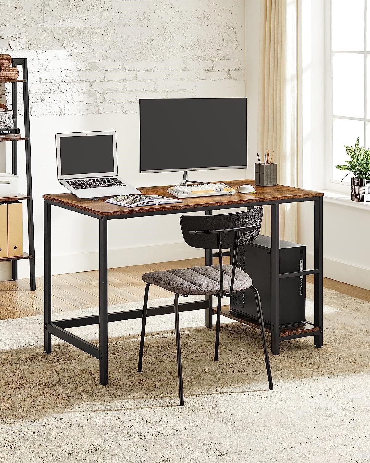 Computer Desk 2 Shelves Rustic, Brown Black Price