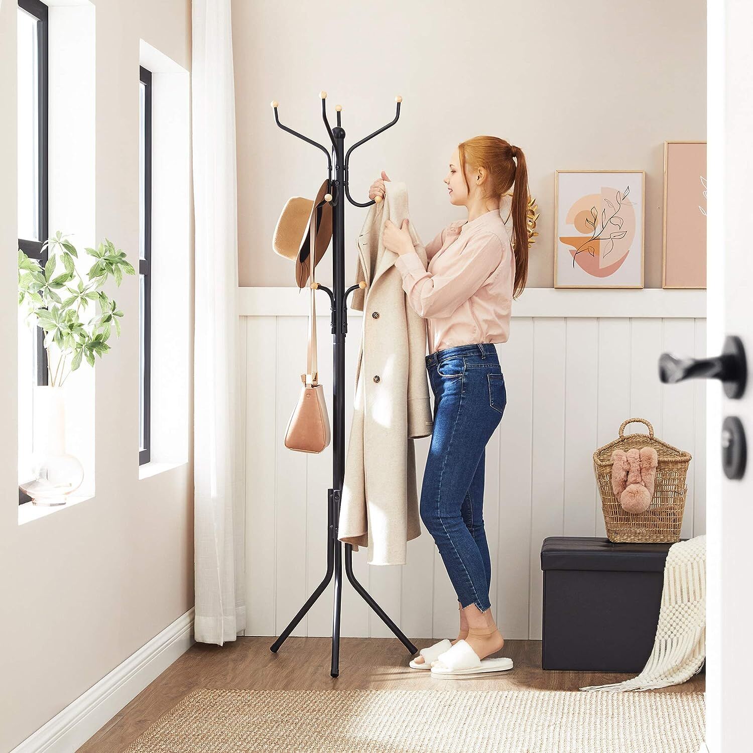 Metal Coat Rack Stand Hat Hanger, Black, 182cm Price