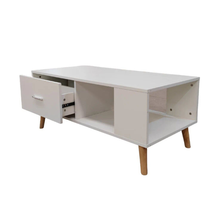 White Coffee Table Storage Drawer & Open Shelf With Wooden Legs Price