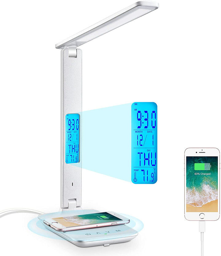 LED Desk Lamp with Fast Wireless Charger Clock Alarm Date Temperature Price