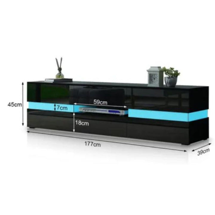 Thetford Modern High Gloss Front TV Entertainment Unit 177cm LED Storage Drawer - Black Price