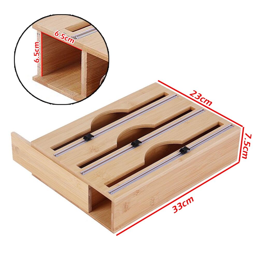 3 Grids Bamboo Food Wrap Dispenser Cutter Foil Cling Film Storage Holder Box Kitchen Price
