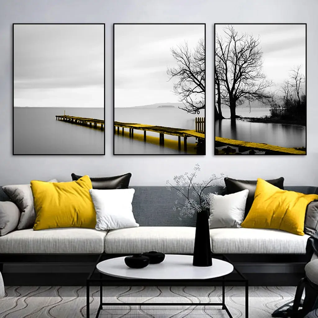 Wall Art 100cmx150cm Calm Lake Bridge Tree Scene 3 Sets Black Frame Canvas Price