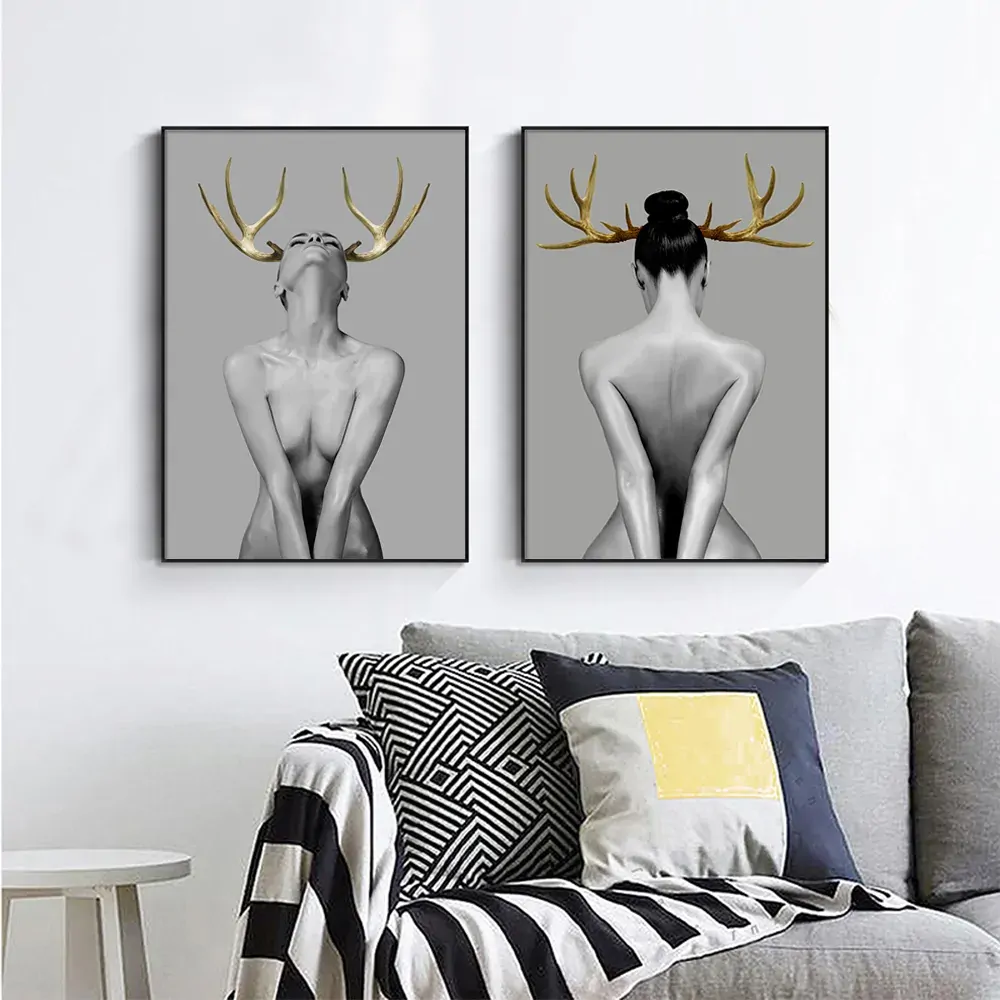 Wall Art 80cmx120cm Girl With Gold Horn 2 Sets Black Frame Canvas Price