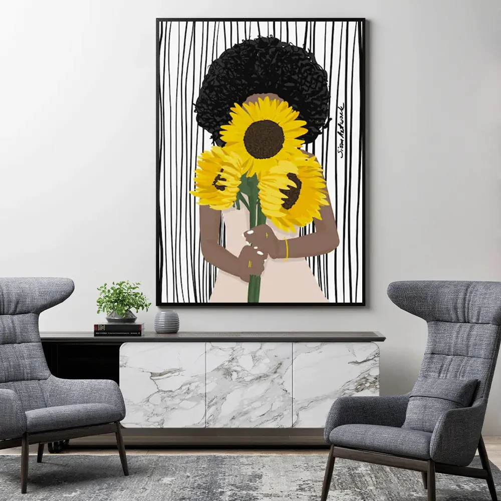 Wall Art 100cmx150cm African Woman Sunflower Black Frame Canvas Price