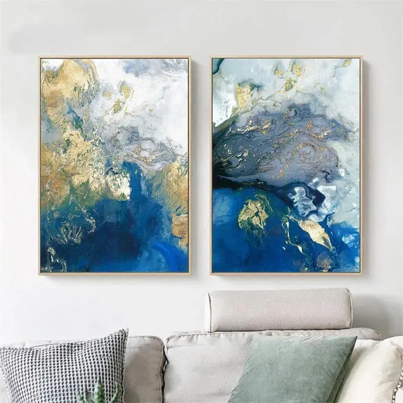 Wall Art 40cmx60cm Marbled Blue And Gold 2 Sets Gold Frame Canvas Price