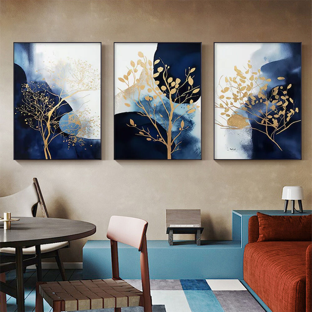50cmx70cm Navy and Gold Watercolor Shapes 3 Sets Black Frame Canvas Wall Art Price