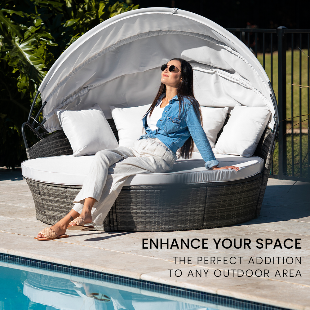 LONDON RATTAN 3PC Outdoor Daybed Patio Rattan Sofa Sun Lounge Furniture Grey Wicker Off White Canopy Price