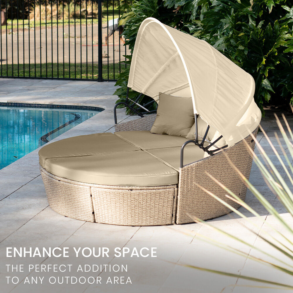 LONDON RATTAN 3pc Day Bed Round Lounge Outdoor Furniture, Beige Wicker and Canopy Price