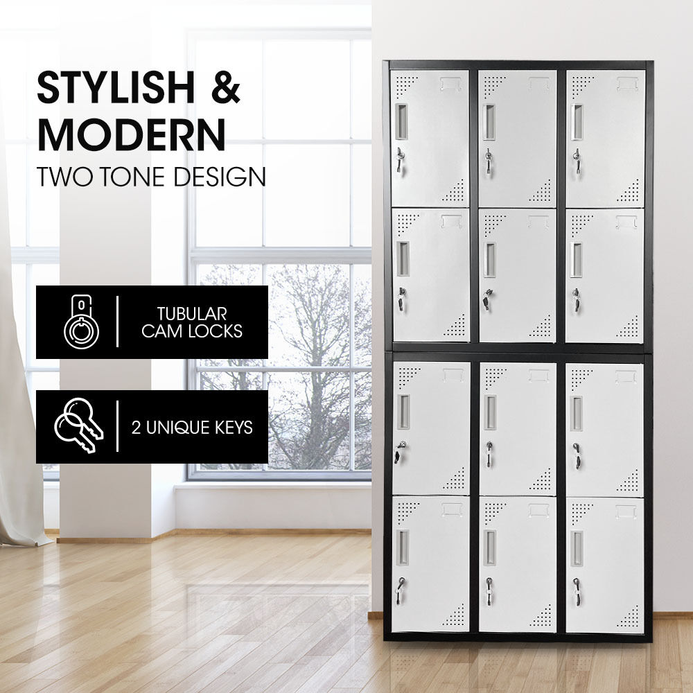 FORTIA 12-Door Metal Storage Locker Cabinet Gym Office Lockers Compartment, Black & Light Grey Price