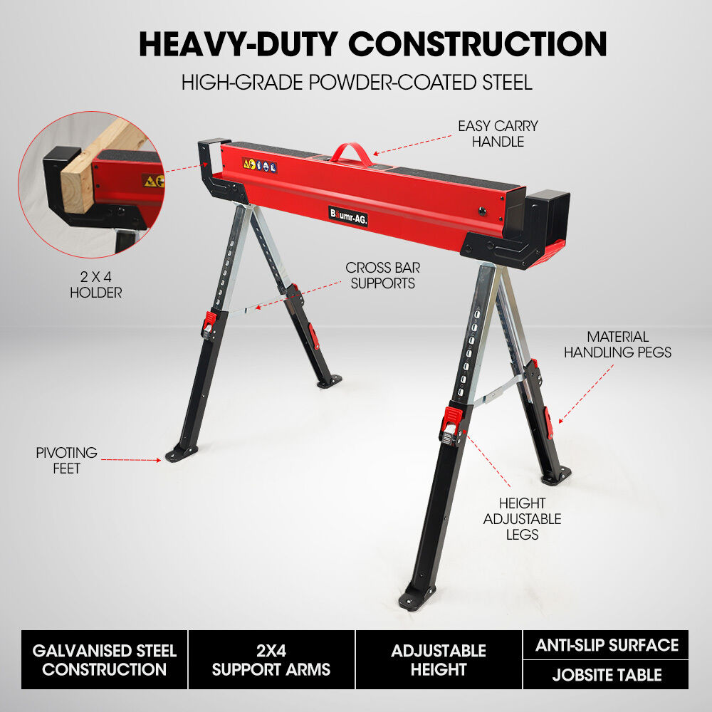 BAUMR-AG 2 x Steel Saw Horse, Folding Height Adjustable Sawhorse, 1180kg Capacity, 2x4 Support Arms Price