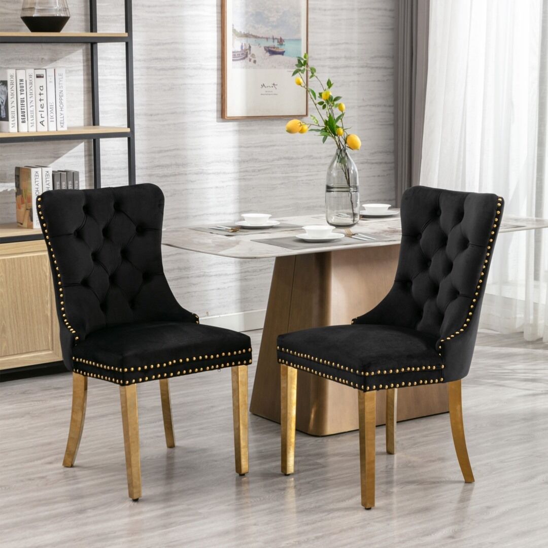6x Velvet Dining Chairs with Golden Metal Legs-Black Price