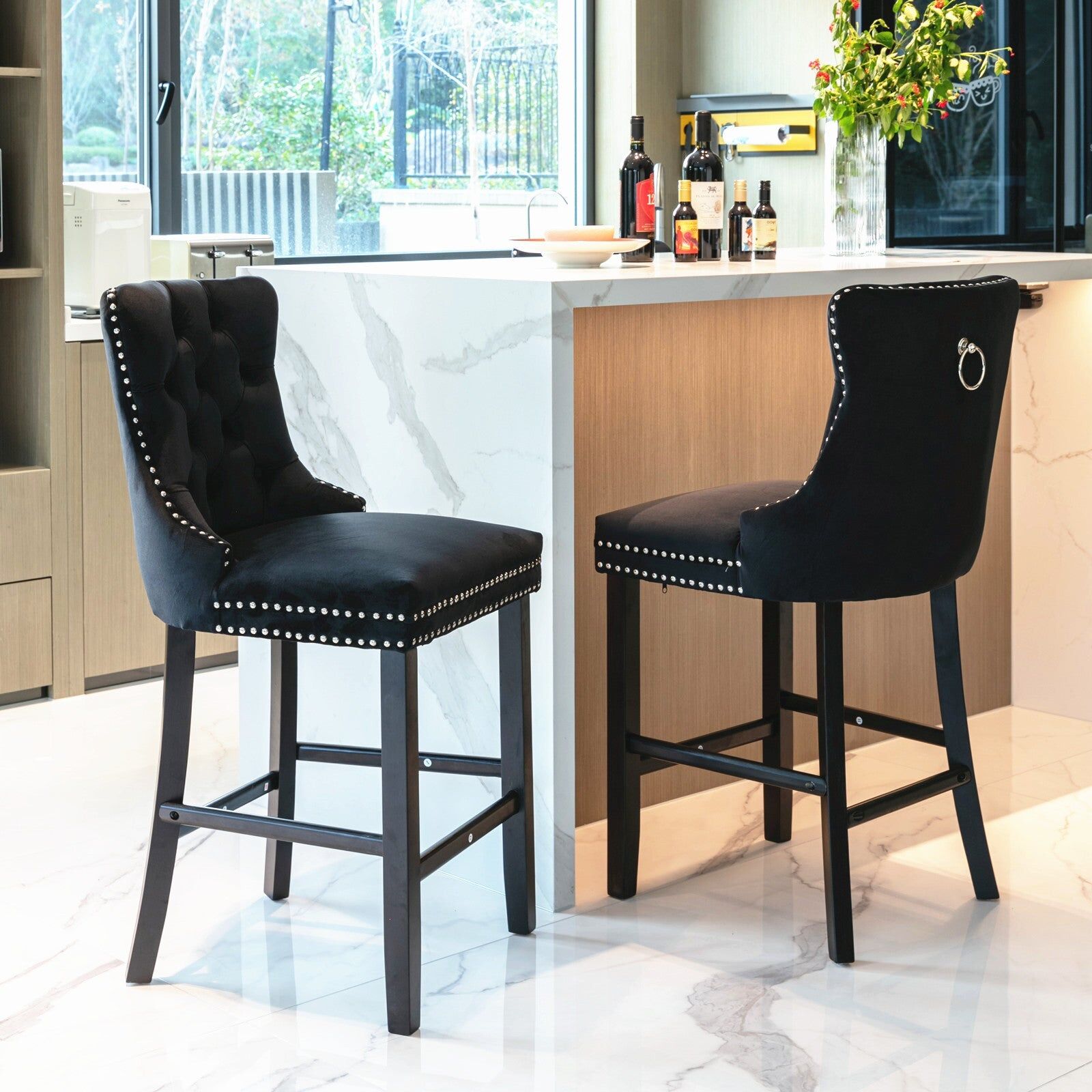 6X Velvet Bar Stools with Studs Trim Wooden Legs Tufted Dining Chairs Kitchen Price