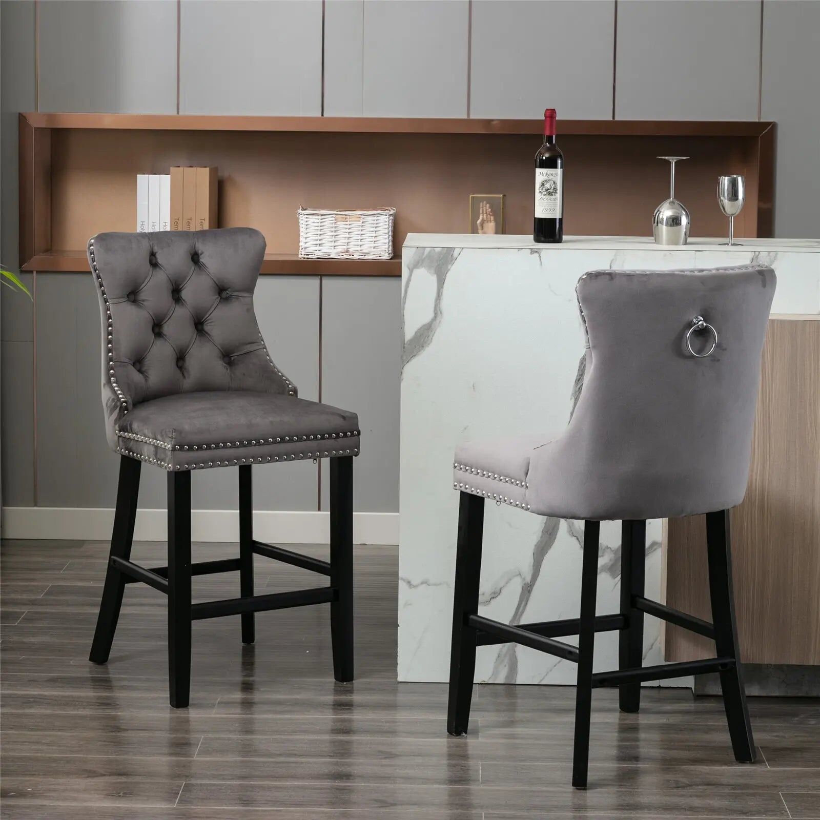 4X Velvet Bar Stools with Studs Trim Wooden Legs Tufted Dining Chairs Kitchen Price