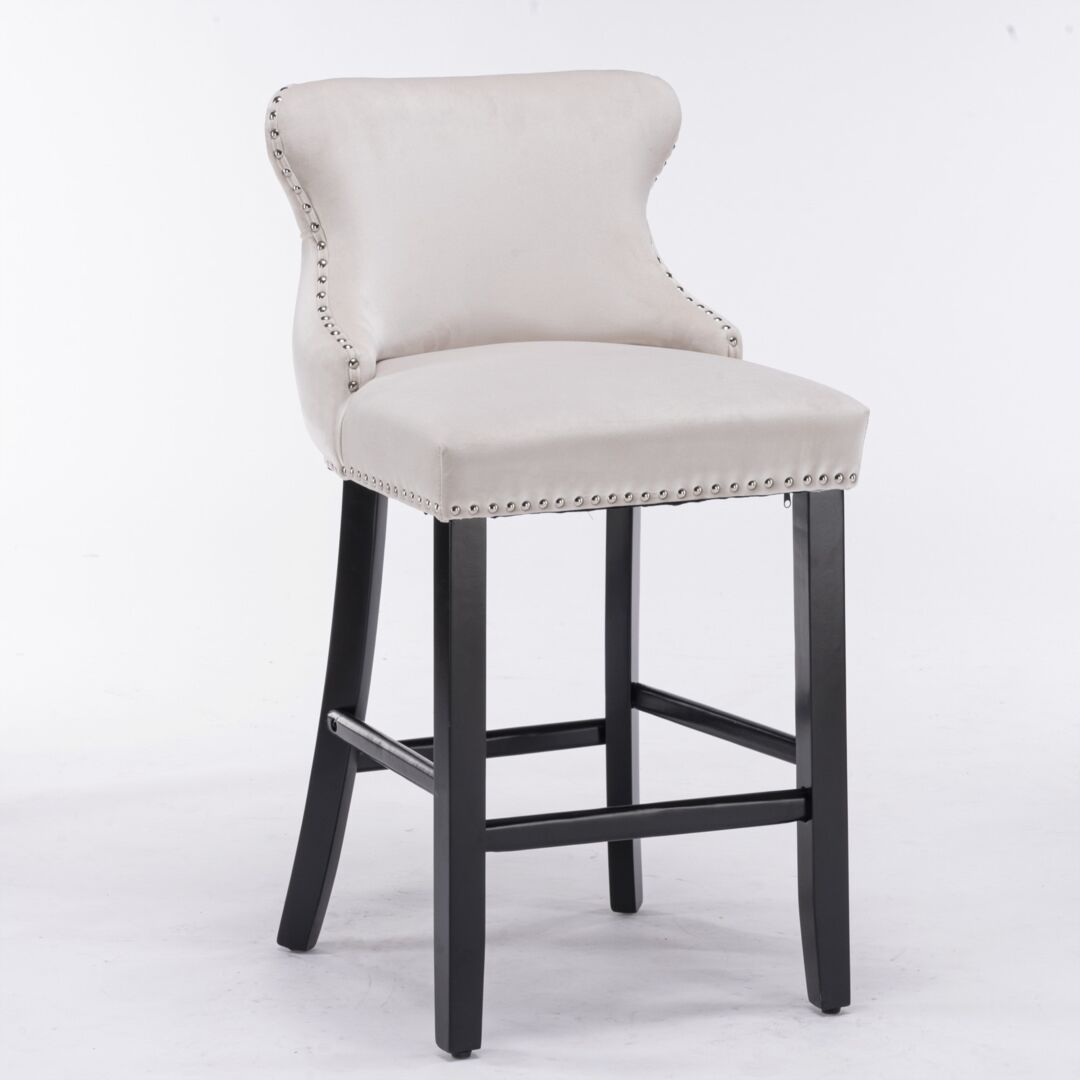 2x Velvet Upholstered Button Tufted Bar Stools with Wood Legs and Studs-Beige Price