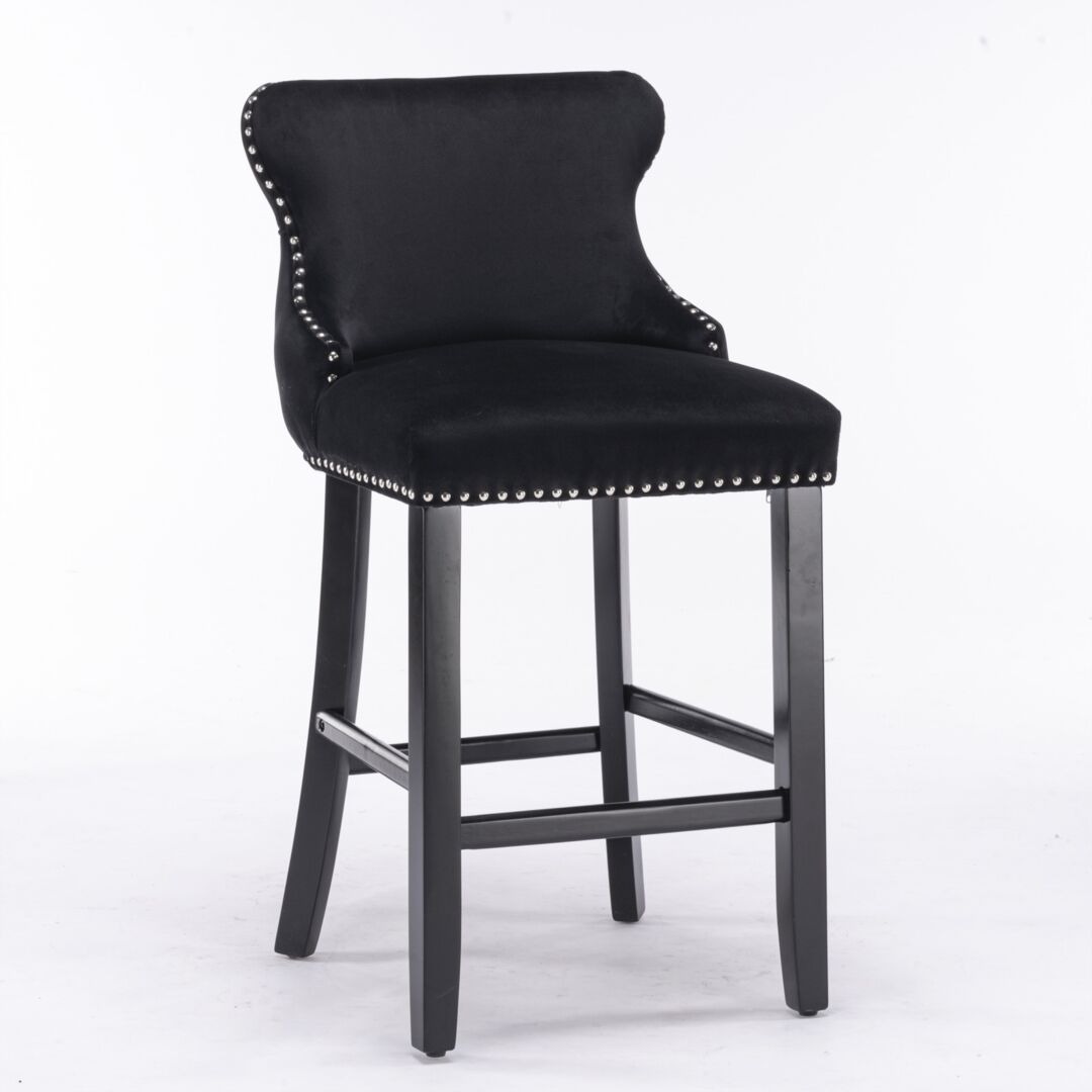 2x Velvet Upholstered Button Tufted Bar Stools with Wood Legs and Studs-Black Price