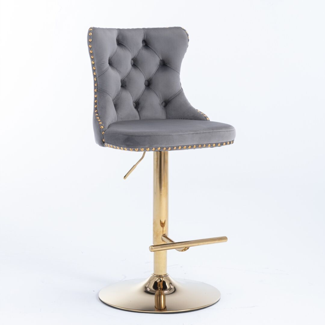 2x Height Adjustable Swivel Bar Stool Velvet Studs Barstool with Footrest and Golden Base- Grey Price
