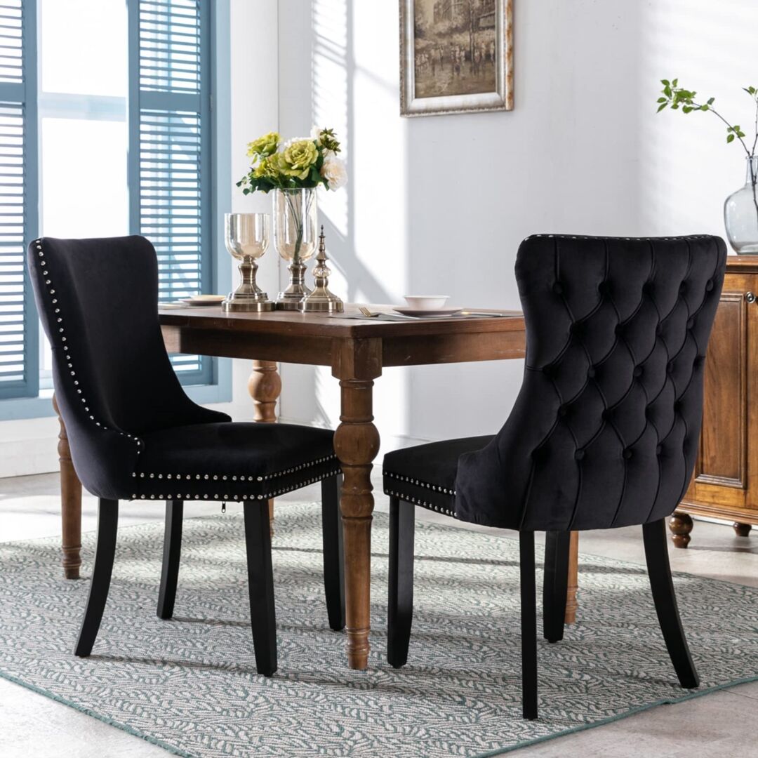 2x Velvet Upholstered Dining Chairs Tufted Wingback Side Chair with Studs Trim Solid Wood Legs for Kitchen Price